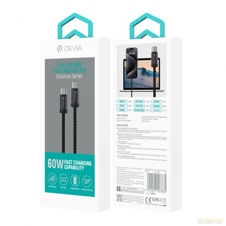 Devia kabel Gracious EC646 PD USB-C - USB-C 1,0 m 60W 3A czarny