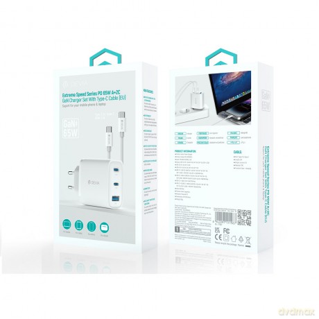 Devia ładowarka sieciowa Extreme PD GaN 65W 2x USB-C 1x USB biała + kabel USB-C - USB-C do laptopa