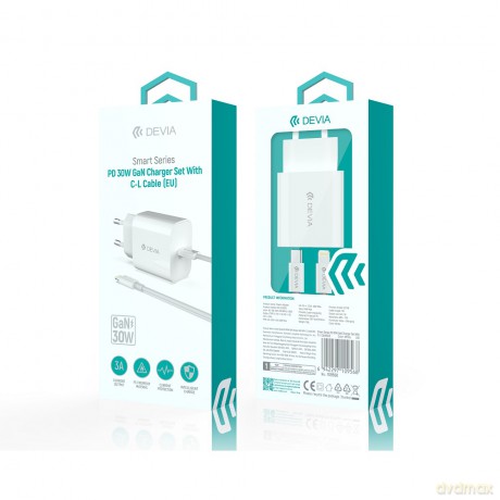 Devia ładowarka sieciowa Smart PD GaN 30W 1x USB-C biała + kabel USB-C - Lightning