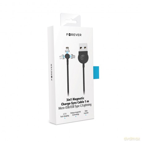 Forever Core kabel magnetyczny 3w1 USB - Lightning + USB-C + microUSB 1,0 m 2,5A czarny z przesyłem danych