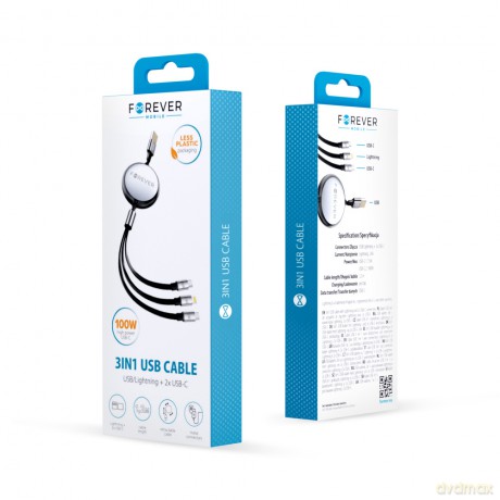 Forever kabel 3w1 USB - Lightning + 2x USB-C 1,2 m 100W czarny