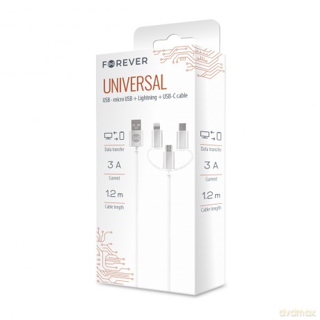 Forever kabel 3w1 USB - Lightning + USB-C + microUSB 1,2 m 3A WHP300 biały