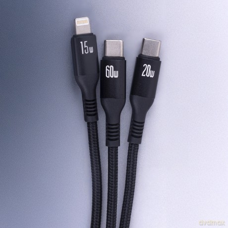Forever kabel 3w1 USB-C - Lightning + 2x USB-C 1,2 m 60W czarny