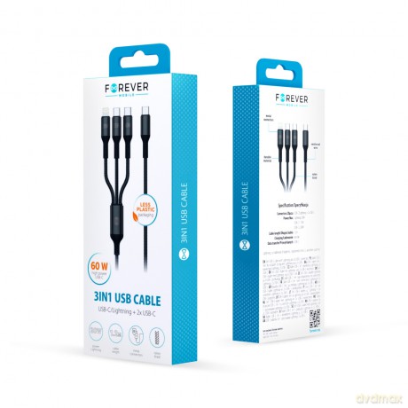 Forever kabel 3w1 USB-C - Lightning + 2x USB-C 1,2 m 60W czarny