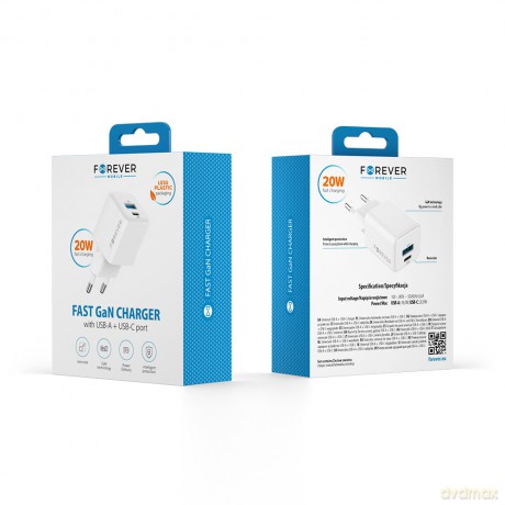Forever ładowarka sieciowa GaN PD QC TC-08-20AC 1x USB-C 1x USB 20W biała