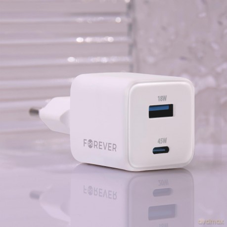 Forever ładowarka sieciowa GaN PD QC TC-08-45AC 1x USB-C 1x USB 45W biała