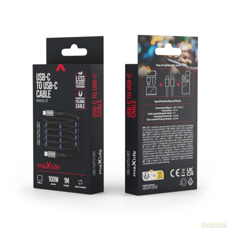 Maxlife kabel magnetyczny MXUC-11 USB-C - USB-C 1,0 m 100W czarny nylonowy