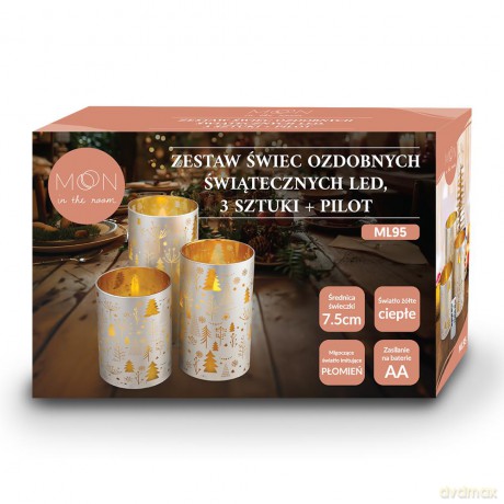 Ozdobne świece LED zestaw 3 szt. świąteczne srebrno-złote + pilot