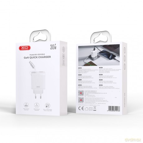 XO ładowarka sieciowa CE31 1x USB 1x USB-C 30W biała z kablem USB-C zwijanym