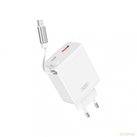 XO ładowarka sieciowa CE31 1x USB 1x USB-C 30W biała z kablem USB-C zwijanym