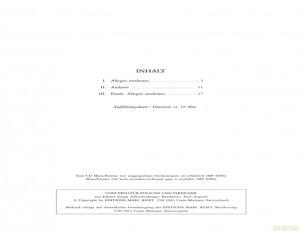 Albrechtsberger: Concerto (Alto Trombone and Piano) (EP8986): For Alto Trombone and Strings (Edition Peters) - Paul Angerer [KSIĄŻKA]
