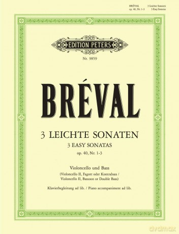 Breval: 3 Easy Sonatas Op.40 Nos.1-3 (Cello and Bass with Piano) (EP9859) (Edition Peters) - Anne Marlene Gurgel [KSIĄŻKA]
