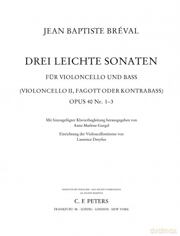 Breval: 3 Easy Sonatas Op.40 Nos.1-3 (Cello and Bass with Piano) (EP9859) (Edition Peters) - Anne Marlene Gurgel [KSIĄŻKA]