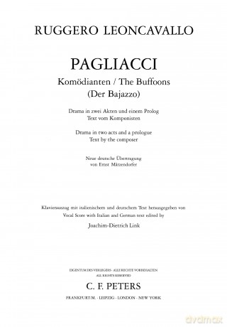 Leoncavallo: Pagliacci (Vocal Score) (EP9150) - Ruggiero Leoncavallo [KSIĄŻKA]