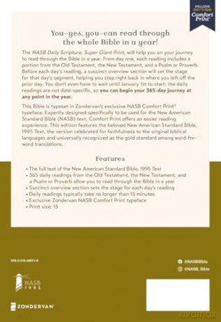 NASB, Daily Scripture, Super Giant Print, Paperback, White/Gold, 1995 Text, Comfort Print: 365 Days to Read Through the Whole Bible in a Year - Zondervan [KSIĄŻKA]