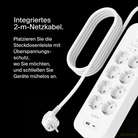Listwa przeciwprzepięciowa SurgePlus 8x schuko 1xUSB-A 1xUSB-C 900J 2m