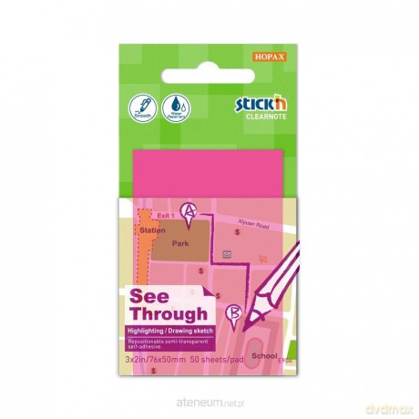 Notes samoprzylepny 51x76mm przezroczysty 50K róż