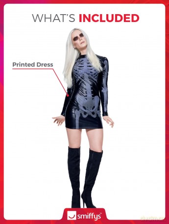 Fever Adult Women's Miss Whiplash Skeleton Costume, Printed Dress - Size: L