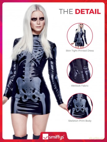 Fever Adult Women's Miss Whiplash Skeleton Costume, Printed Dress - Size: L
