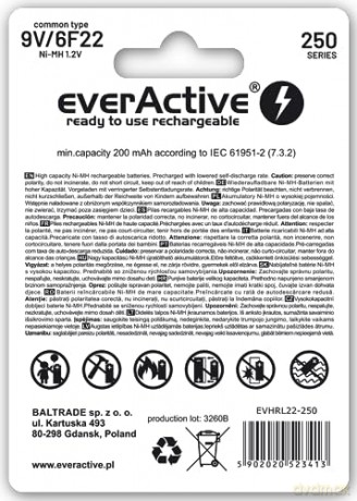 Akumulatorek 6F22/9V NI-MH 250 mAh 1 szt. ready to use