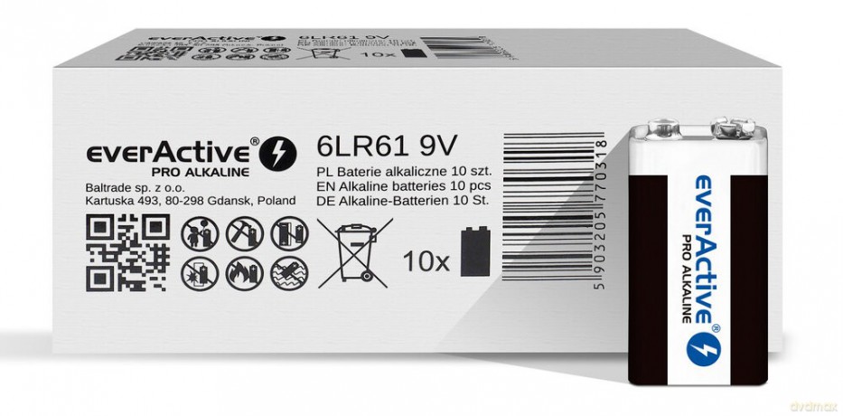 Bateria alkaliczna R9/6LR61 9V PRO ALKALINE, Opakowanie 10 szt.