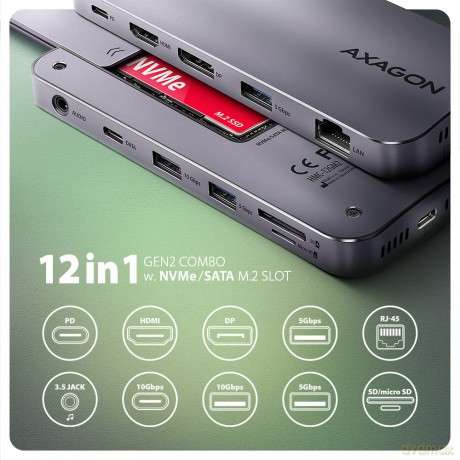 HMC-12GM2 Wieloportowy hub USB 12in1 + M.2 NVMe/SATA pozycja, 10Gbps, 3x USB-A, USB-C, HDMI 4K/60Hz, DP 4K/60Hz, GLAN, SD/microSD, audio, PD 100W, 50c