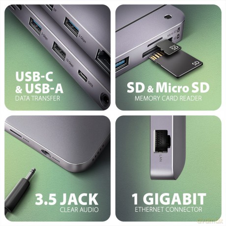 HMC-12GM2 Wieloportowy hub USB 12in1 + M.2 NVMe/SATA pozycja, 10Gbps, 3x USB-A, USB-C, HDMI 4K/60Hz, DP 4K/60Hz, GLAN, SD/microSD, audio, PD 100W, 50c