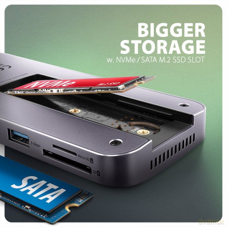 HMC-12GM2 Wieloportowy hub USB 12in1 + M.2 NVMe/SATA pozycja, 10Gbps, 3x USB-A, USB-C, HDMI 4K/60Hz, DP 4K/60Hz, GLAN, SD/microSD, audio, PD 100W, 50c