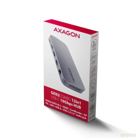 HMC-12GM2 Wieloportowy hub USB 12in1 + M.2 NVMe/SATA pozycja, 10Gbps, 3x USB-A, USB-C, HDMI 4K/60Hz, DP 4K/60Hz, GLAN, SD/microSD, audio, PD 100W, 50c