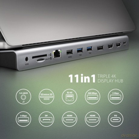HMC-4KX3 Wieloportowy hub USB 11in1, 5Gbps, 3x USB-A, 2x HDMI 4K/60Hz+ DP 4K/60Hz+ GLAN + SD/microSD + audio, PD 100W, 40cm USB-C kabel
