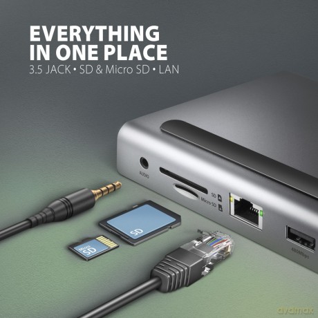 HMC-4KX3 Wieloportowy hub USB 11in1, 5Gbps, 3x USB-A, 2x HDMI 4K/60Hz+ DP 4K/60Hz+ GLAN + SD/microSD + audio, PD 100W, 40cm USB-C kabel