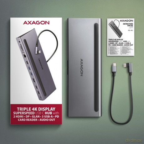 HMC-4KX3 Wieloportowy hub USB 11in1, 5Gbps, 3x USB-A, 2x HDMI 4K/60Hz+ DP 4K/60Hz+ GLAN + SD/microSD + audio, PD 100W, 40cm USB-C kabel