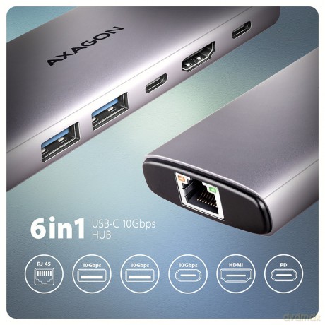 HMC-6G2L Wieloportovy hub USB 6in1, 10Gbps, 2xUSB-A, 1xUSB-C, HDMI 4K/60Hz, PD 100W, GLAN, 15cm USB-C kabel
