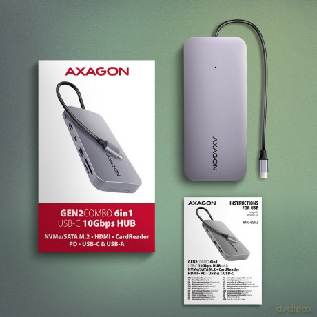 HMC-6GM2 Wieloportovy hub USB 6in1, 10Gbps, USB-A, USB-C, HDMI 4K/60Hz, M.2 NVMe/SATA, SD/microSD, PD 100W, 20cm USB-C kabel