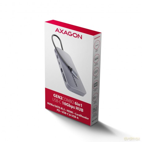 HMC-6GM2 Wieloportovy hub USB 6in1, 10Gbps, USB-A, USB-C, HDMI 4K/60Hz, M.2 NVMe/SATA, SD/microSD, PD 100W, 20cm USB-C kabel