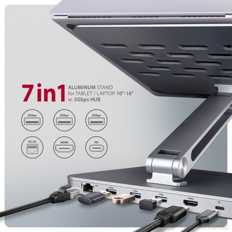 HMC-STND Stojak z wieloportowy hub Aluminiowy 7in1, 5Gbps, do 10"-16" cali laptopów, nastawny, 3x USB-A, HDMI 4K/60Hz, GLAN, PD 100W, 60cm USB-C kabel
