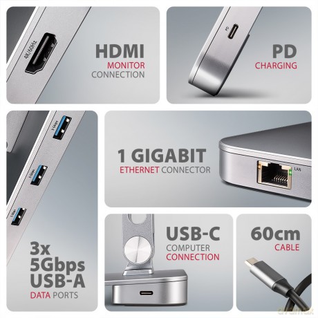 HMC-STND Stojak z wieloportowy hub Aluminiowy 7in1, 5Gbps, do 10"-16" cali laptopów, nastawny, 3x USB-A, HDMI 4K/60Hz, GLAN, PD 100W, 60cm USB-C kabel