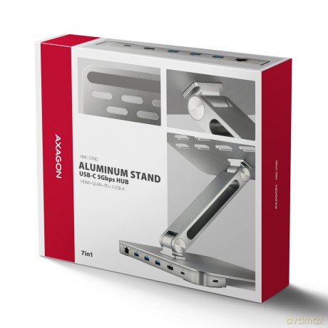 HMC-STND Stojak z wieloportowy hub Aluminiowy 7in1, 5Gbps, do 10"-16" cali laptopów, nastawny, 3x USB-A, HDMI 4K/60Hz, GLAN, PD 100W, 60cm USB-C kabel