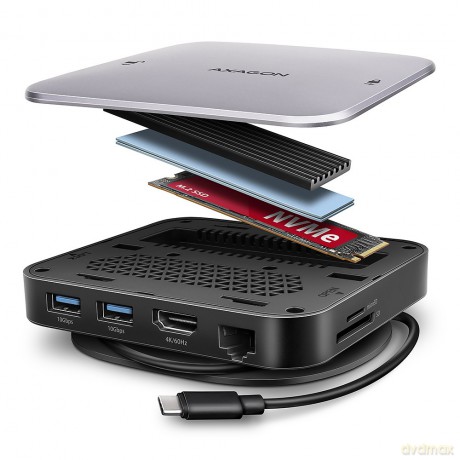 HMC-UFO Wieloportowy hub USB 9in1, 10Gbps, 2x USB-A, HDMI 4K/60Hz, M.2 NVMe/SATA, audio, PD 100W, SD/microSD, GLAN, 65cm USB-C kabel