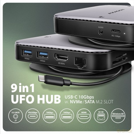 HMC-UFO Wieloportowy hub USB 9in1, 10Gbps, 2x USB-A, HDMI 4K/60Hz, M.2 NVMe/SATA, audio, PD 100W, SD/microSD, GLAN, 65cm USB-C kabel