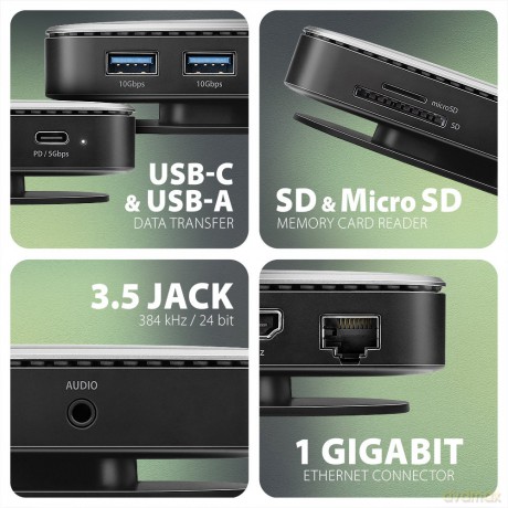 HMC-UFO Wieloportowy hub USB 9in1, 10Gbps, 2x USB-A, HDMI 4K/60Hz, M.2 NVMe/SATA, audio, PD 100W, SD/microSD, GLAN, 65cm USB-C kabel