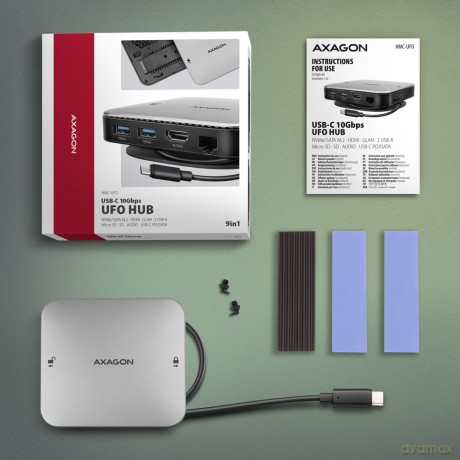 HMC-UFO Wieloportowy hub USB 9in1, 10Gbps, 2x USB-A, HDMI 4K/60Hz, M.2 NVMe/SATA, audio, PD 100W, SD/microSD, GLAN, 65cm USB-C kabel
