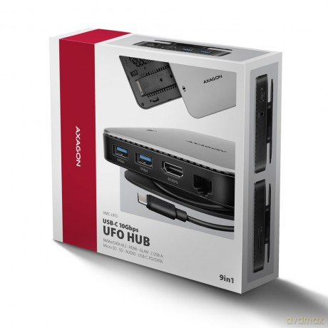 HMC-UFO Wieloportowy hub USB 9in1, 10Gbps, 2x USB-A, HDMI 4K/60Hz, M.2 NVMe/SATA, audio, PD 100W, SD/microSD, GLAN, 65cm USB-C kabel