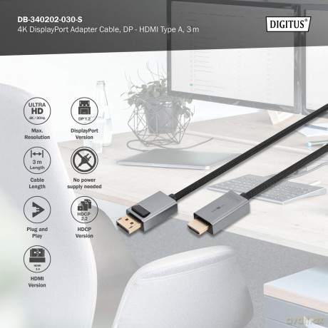 Kabel adapter DisplayPort - HDMI 4K 30Hz DP/HDMI M/M 3m
