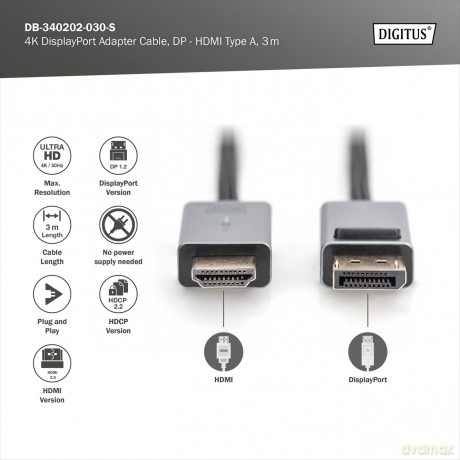 Kabel adapter DisplayPort - HDMI 4K 30Hz DP/HDMI M/M 3m