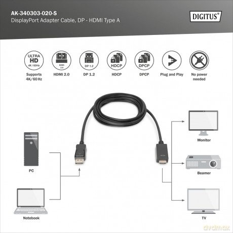 Kabel adapter DisplayPort 1.2 z zatrzaskiem 4K 60Hz UHD Typ DP/HDMI A M/M czarny 2m