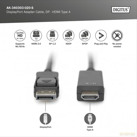 Kabel adapter DisplayPort 1.2 z zatrzaskiem 4K 60Hz UHD Typ DP/HDMI A M/M czarny 2m