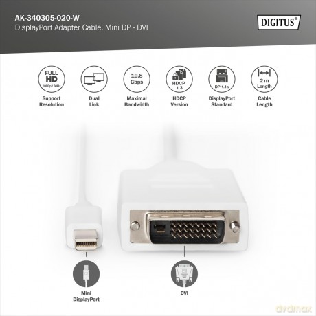 Kabel adapter Displayport 1080p 60Hz FHD Typ miniDP/DVI-D (24+1) M/M biały 2m
