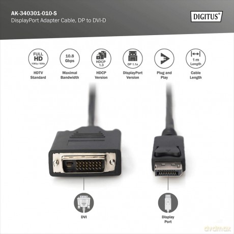 Kabel adapter Displayport z zatrzaskiem 1080p 60Hz FHD Typ DP/DVI-D (24+1) M/M 1m Czarny