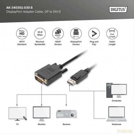 Kabel adapter Displayport z zatrzaskiem 1080p 60Hz FHD Typ DP/DVI-D (24+1) M/M 3m Czarny
